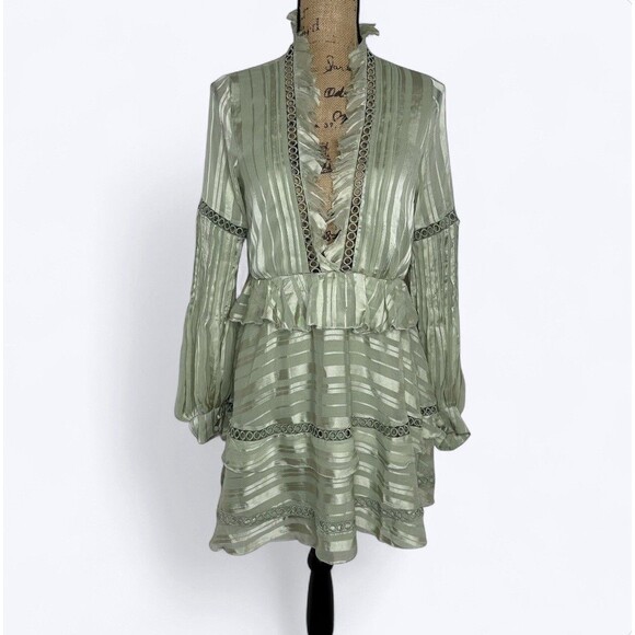 ASOS Design Mini Ruffle Dress US Sz 6 Sage Green Boho Fairycore Romantic Flaw - Picture 1 of 16